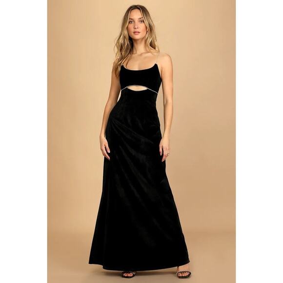 LULU’S NWT Gala Glam Black Velvet Rhinestone Cutout Mermaid Maxi Dress $88 MSRP - Picture 6 of 13
